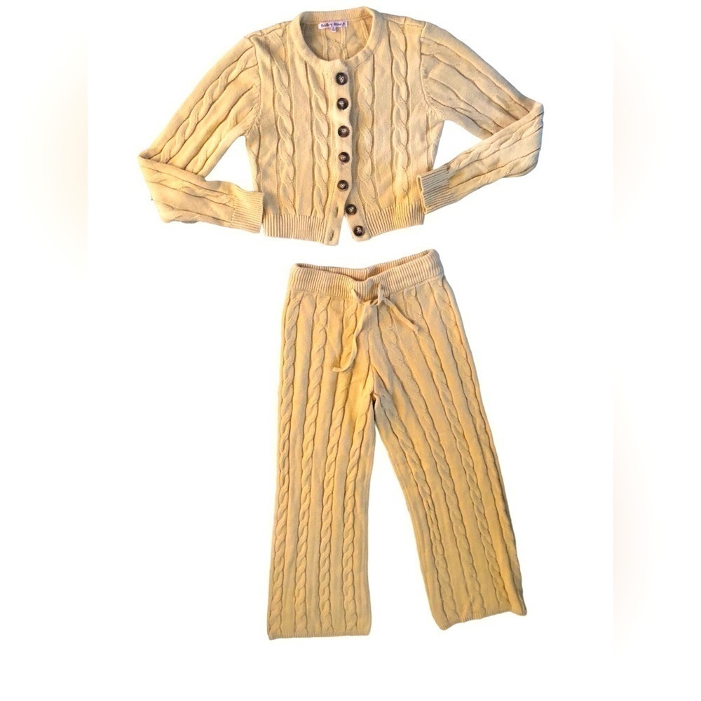 Cropped Ribbed Sweater Set Cardigan Flare Pant Sz M